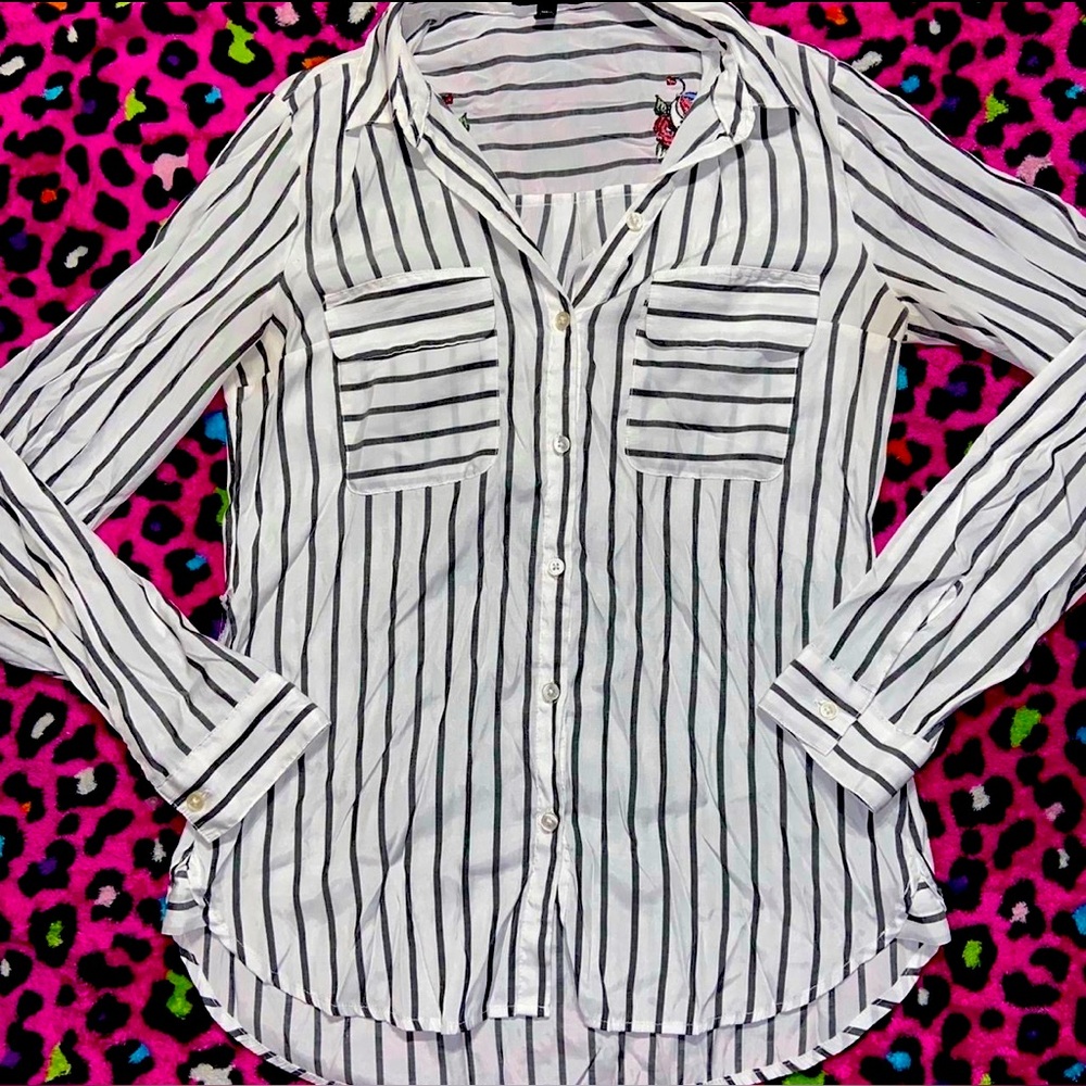 XS Express Embroidered Striped Black and White Women's Top